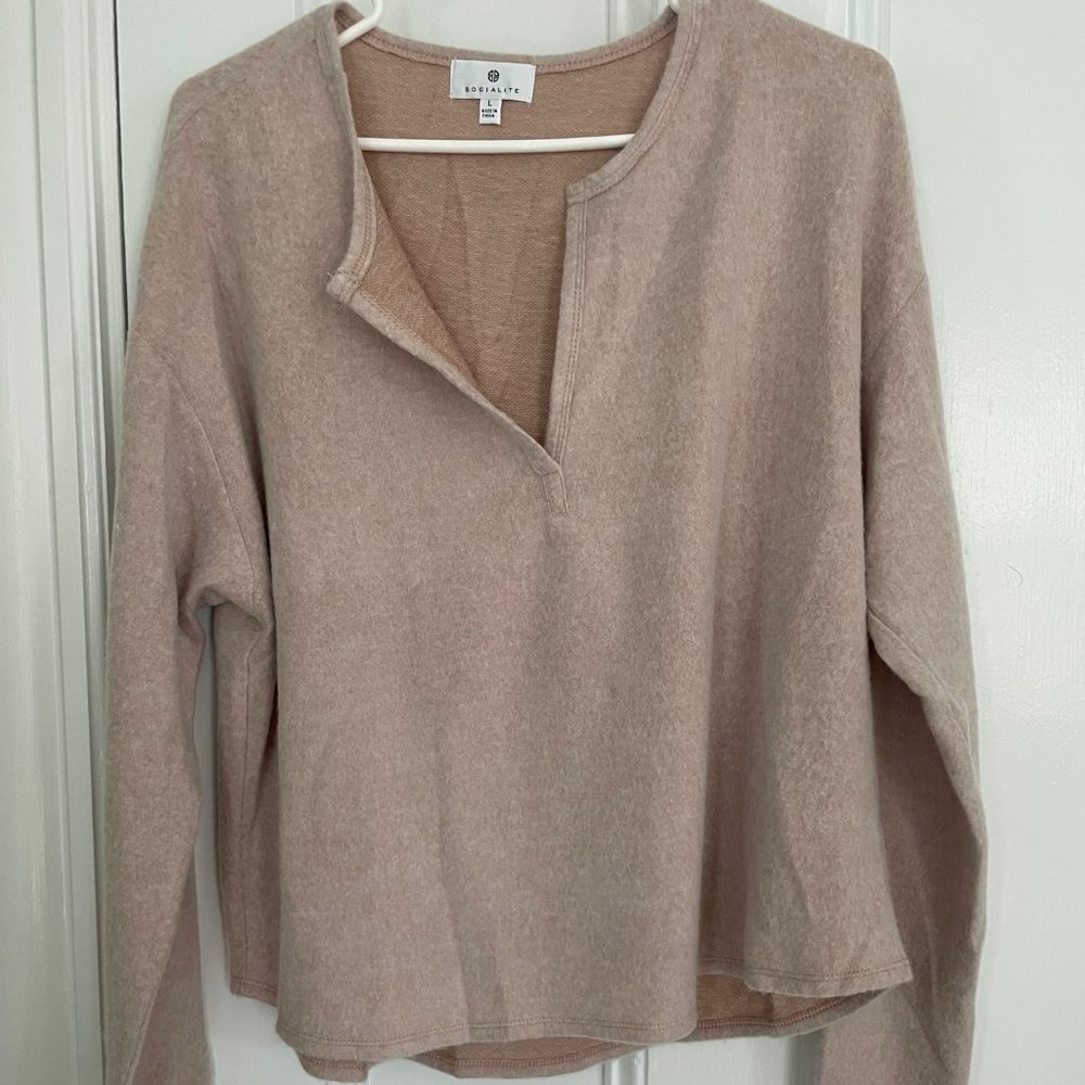 Socialite Split Neck Long Sleeve Pullover Sweater… - image 1